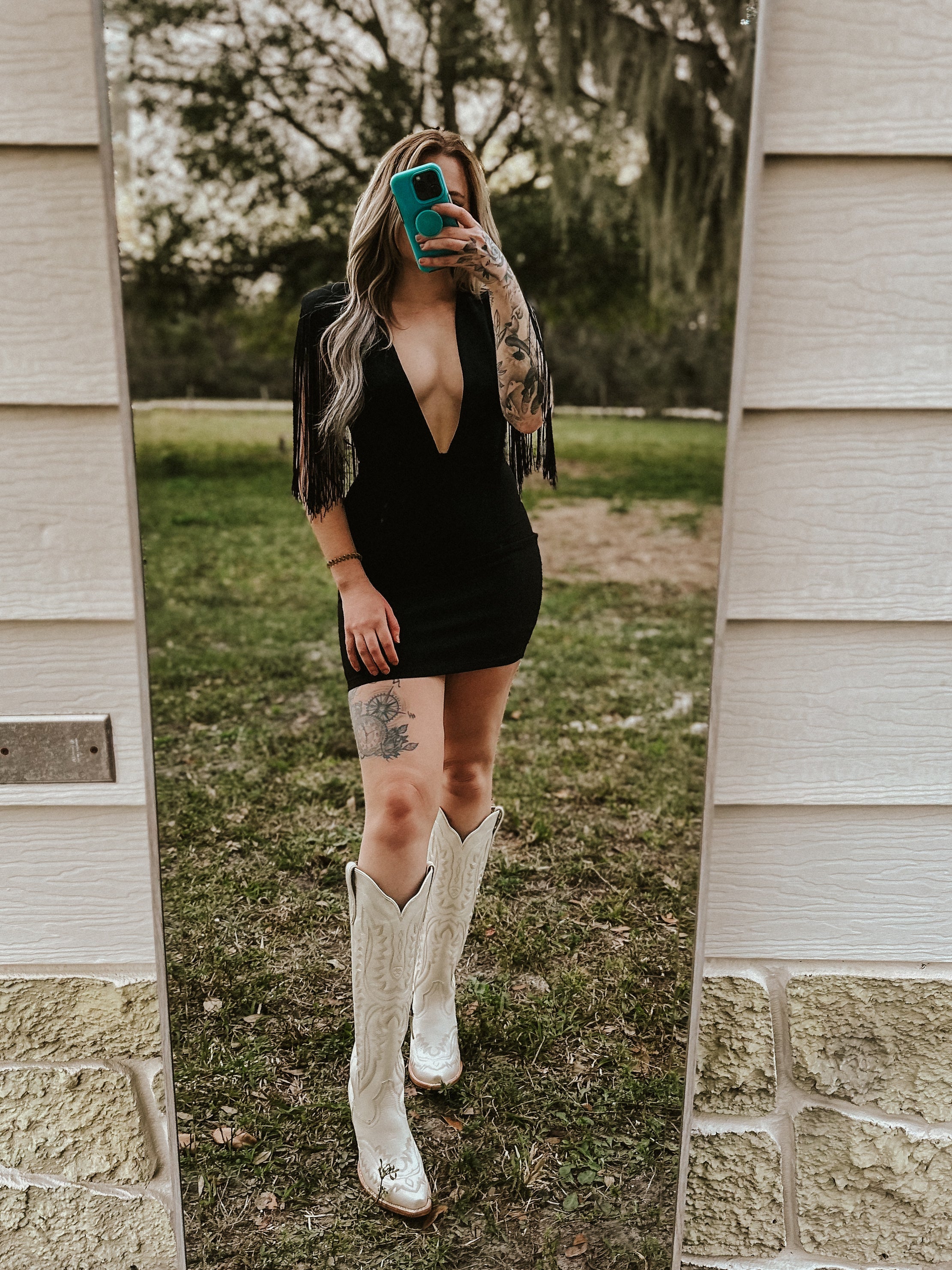 Dallas' Fringe Deep Neck Mini Dress