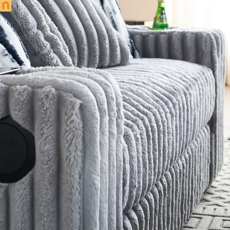 Loveseat Modern Light Grey Fabric with Ottoman Built in Bluetooth Speaker