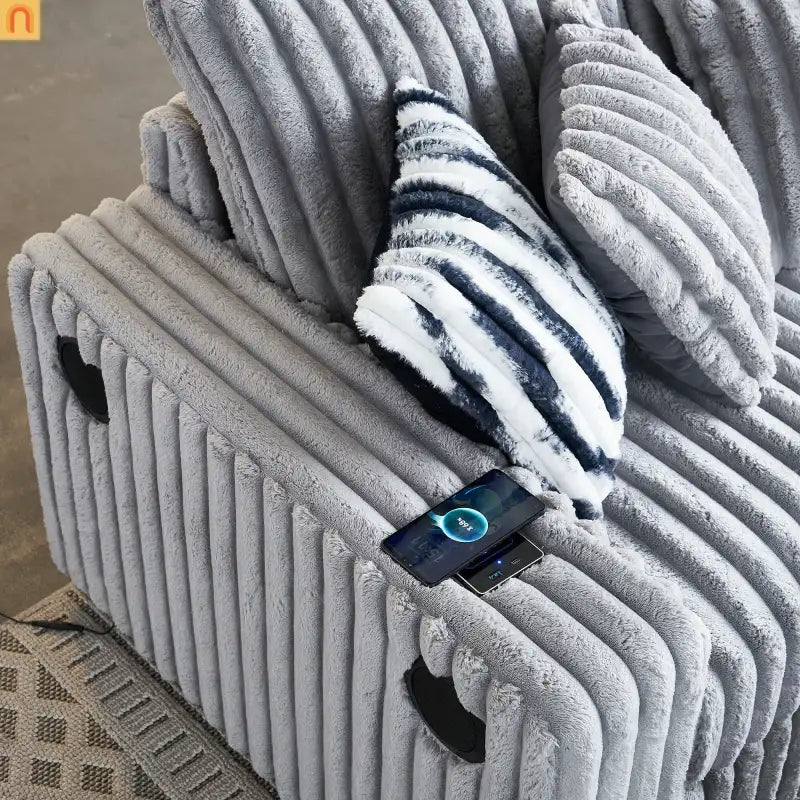 Loveseat Modern Light Grey Fabric with Ottoman Built in Bluetooth Speaker