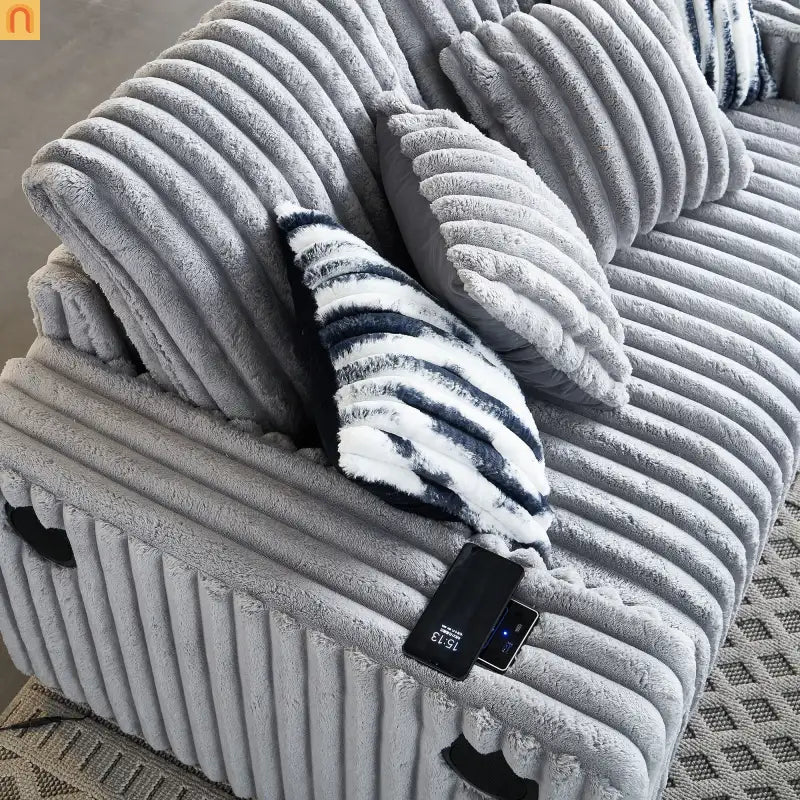 Loveseat Modern Light Grey Fabric with Ottoman Built in Bluetooth Speaker