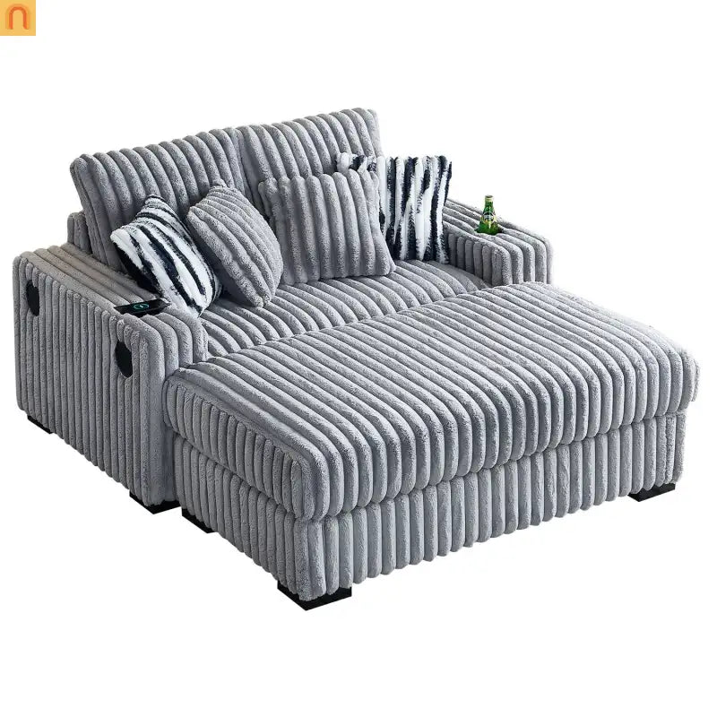 Loveseat Modern Light Grey Fabric with Ottoman Built in Bluetooth Speaker