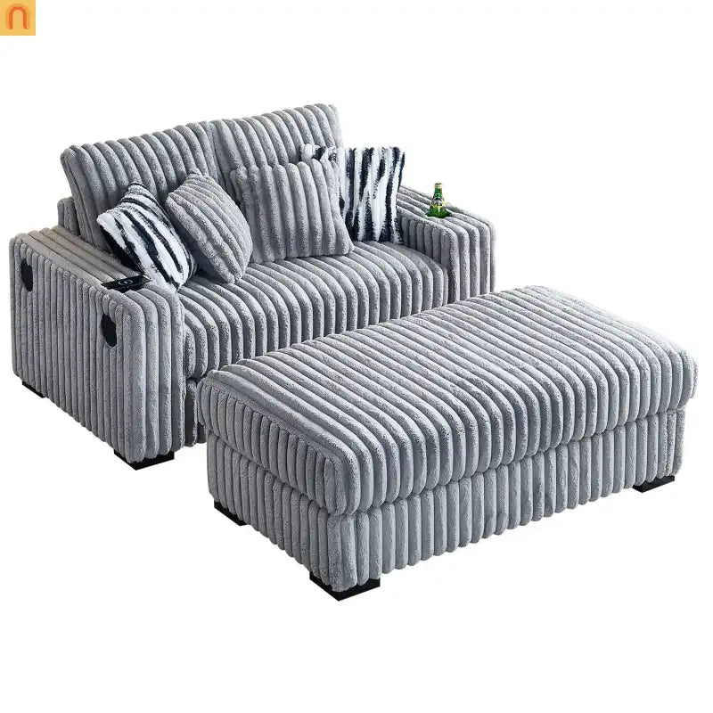 Loveseat Modern Light Grey Fabric with Ottoman Built in Bluetooth Speaker