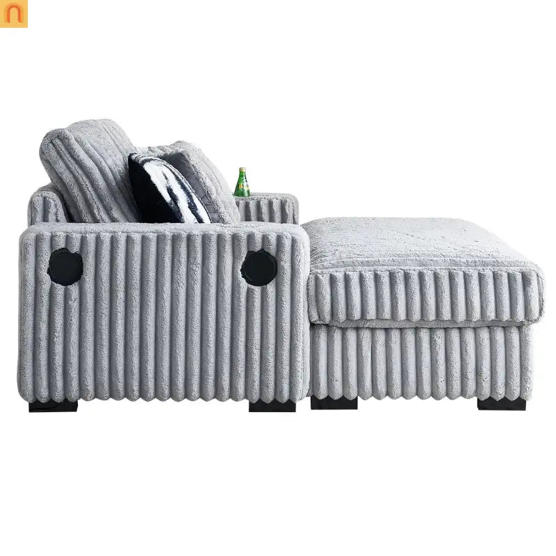Loveseat Modern Light Grey Fabric with Ottoman Built in Bluetooth Speaker