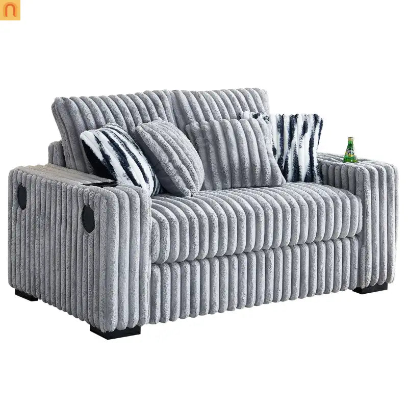Loveseat Modern Light Grey Fabric with Ottoman Built in Bluetooth Speaker