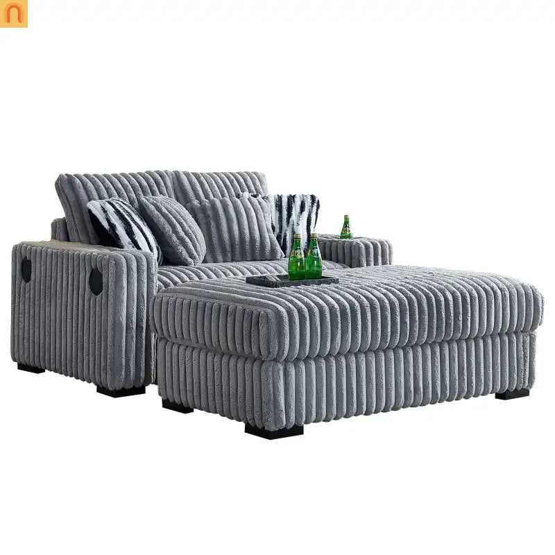 Loveseat Modern Light Grey Fabric with Ottoman Built in Bluetooth Speaker